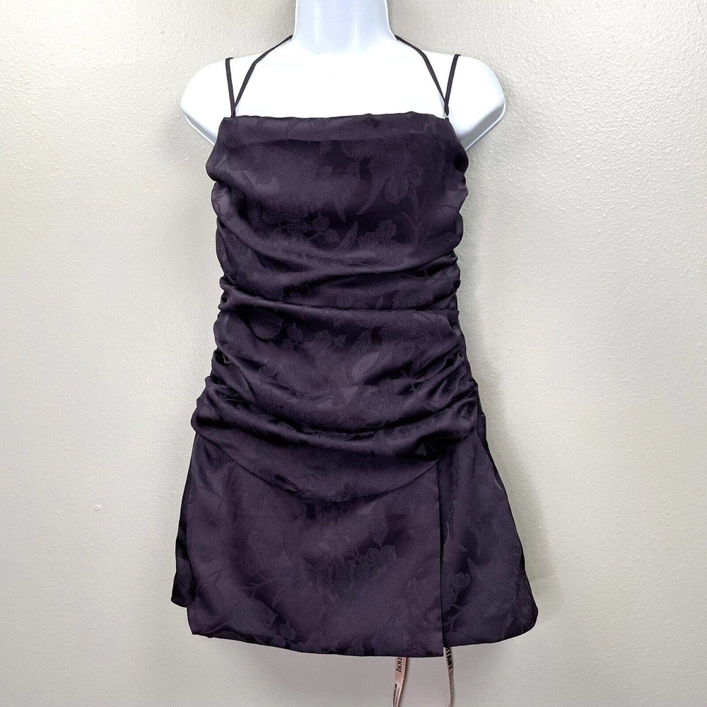 House Of CB Melia Lace-up Woven Mini Dress Womens Medium Purple Floral Jacquard